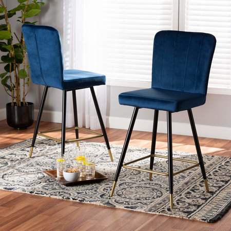 BAXTON STUDIO Preston Modern Luxe and Glam Navy Blue Velvet Upholstered and Two-Tone Metal 2-Piece Bar Stool Set Set of 2 190-11784-ZORO